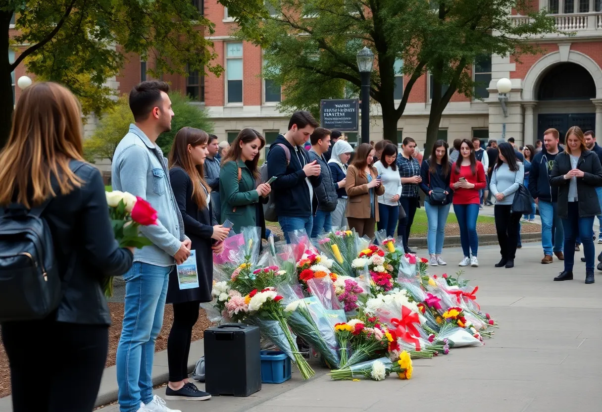 Flower tributes on a university campus during a time of mourning