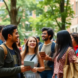 A vibrant university campus showcasing students engaged in learning and collaboration.