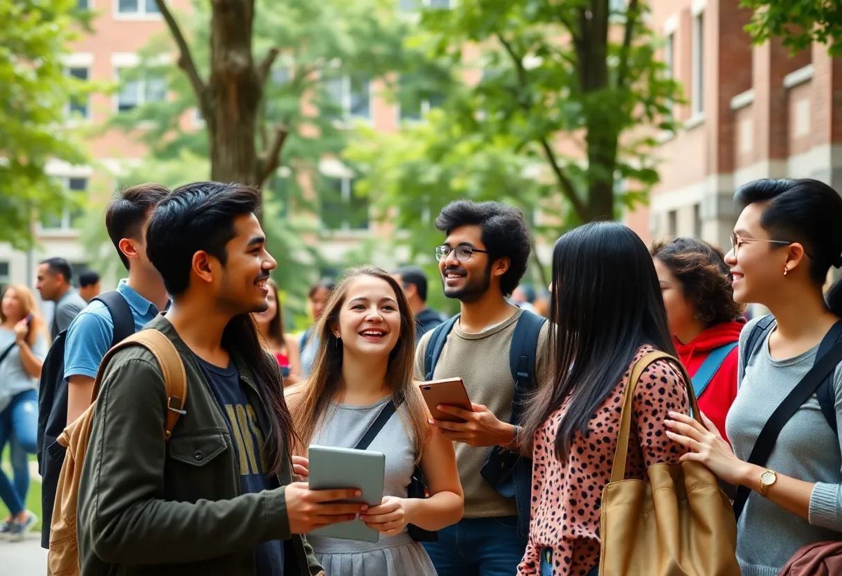 A vibrant university campus showcasing students engaged in learning and collaboration.