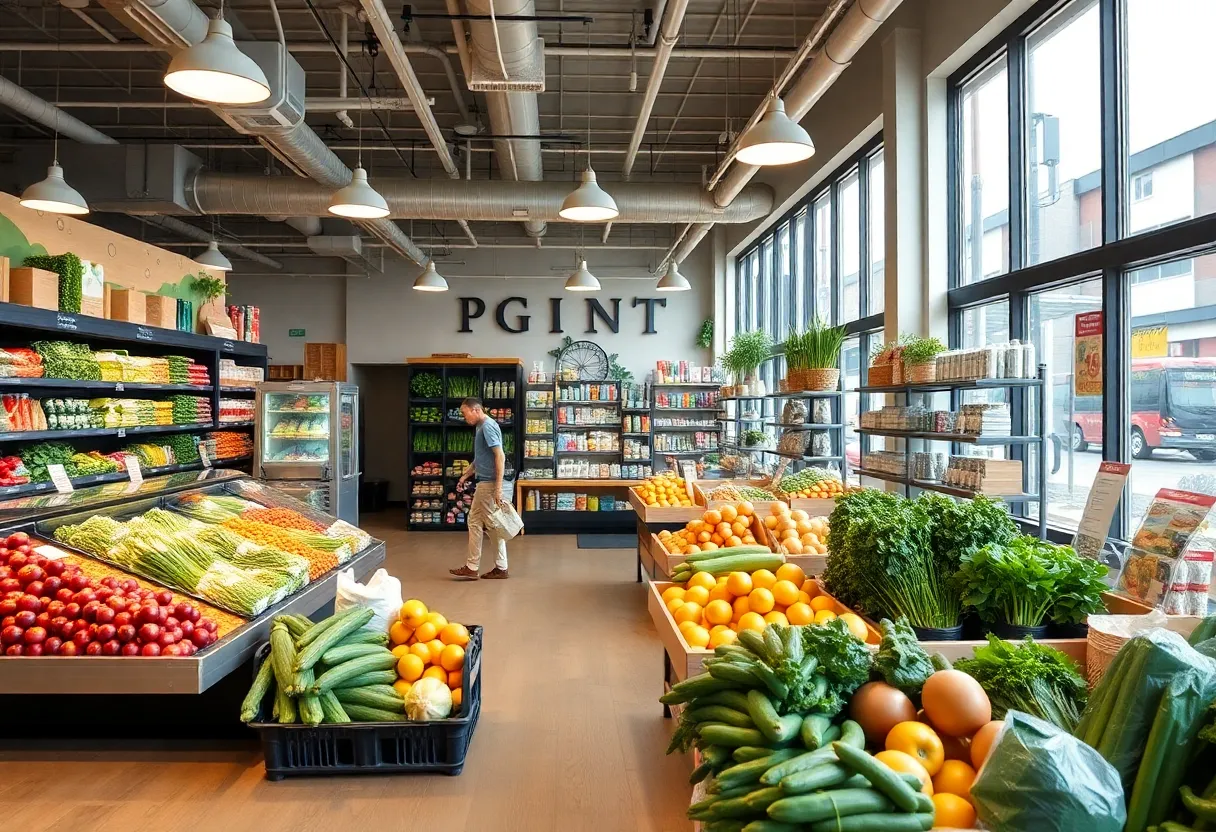 Interior of a FRESH by Reasor's grocery store showcasing organic produce and a cafe.