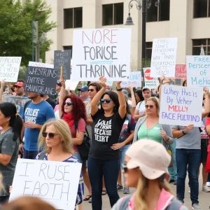 Participants at the No Kings demonstration in Oklahoma holding signs