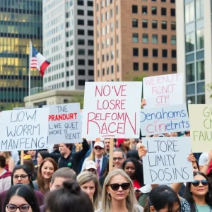 Crowd of protesters at the 'No Kings' protest in Oklahoma City holding signs