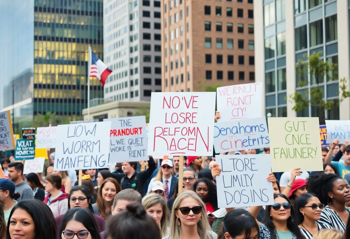 Crowd of protesters at the 'No Kings' protest in Oklahoma City holding signs