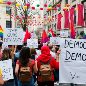Crowd of protesters holding banners advocating for democracy and equality in Oklahoma City.