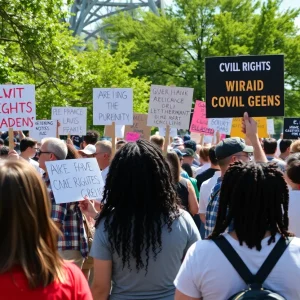 Crowd gathering at Myriad Gardens for No Kings protests