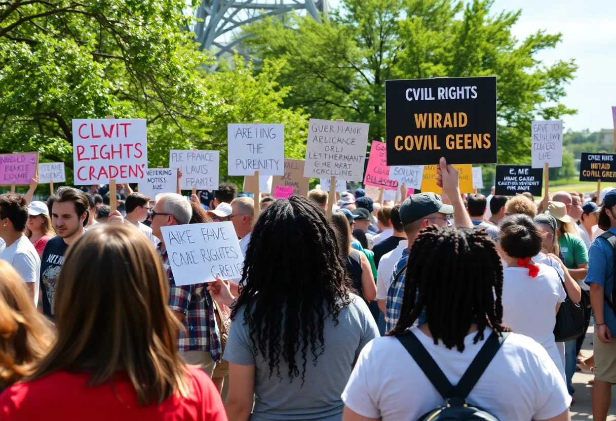 Crowd gathering at Myriad Gardens for No Kings protests