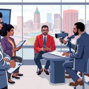 Diverse journalists collaborating in Oklahoma City newsroom