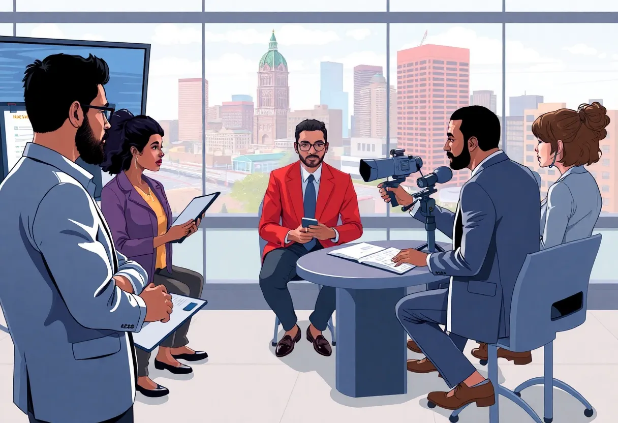 Diverse journalists collaborating in Oklahoma City newsroom