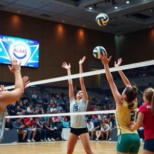 Oklahoma City University volleyball team playing in an intense match