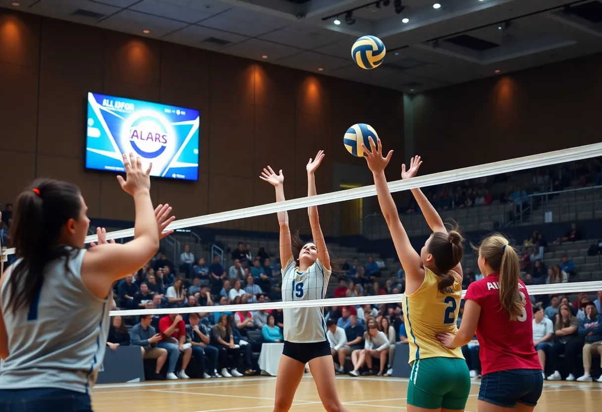 Oklahoma City University volleyball team playing in an intense match
