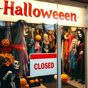 A closed Halloween shop with decorations and a sign indicating closure.