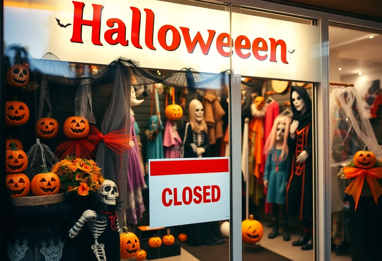 A closed Halloween shop with decorations and a sign indicating closure.
