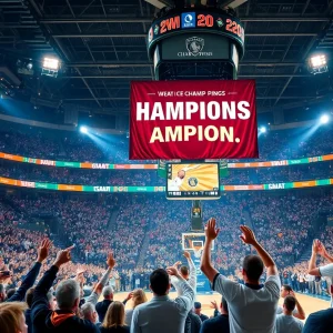 OKC Thunder players celebrating with a championship banner raising.