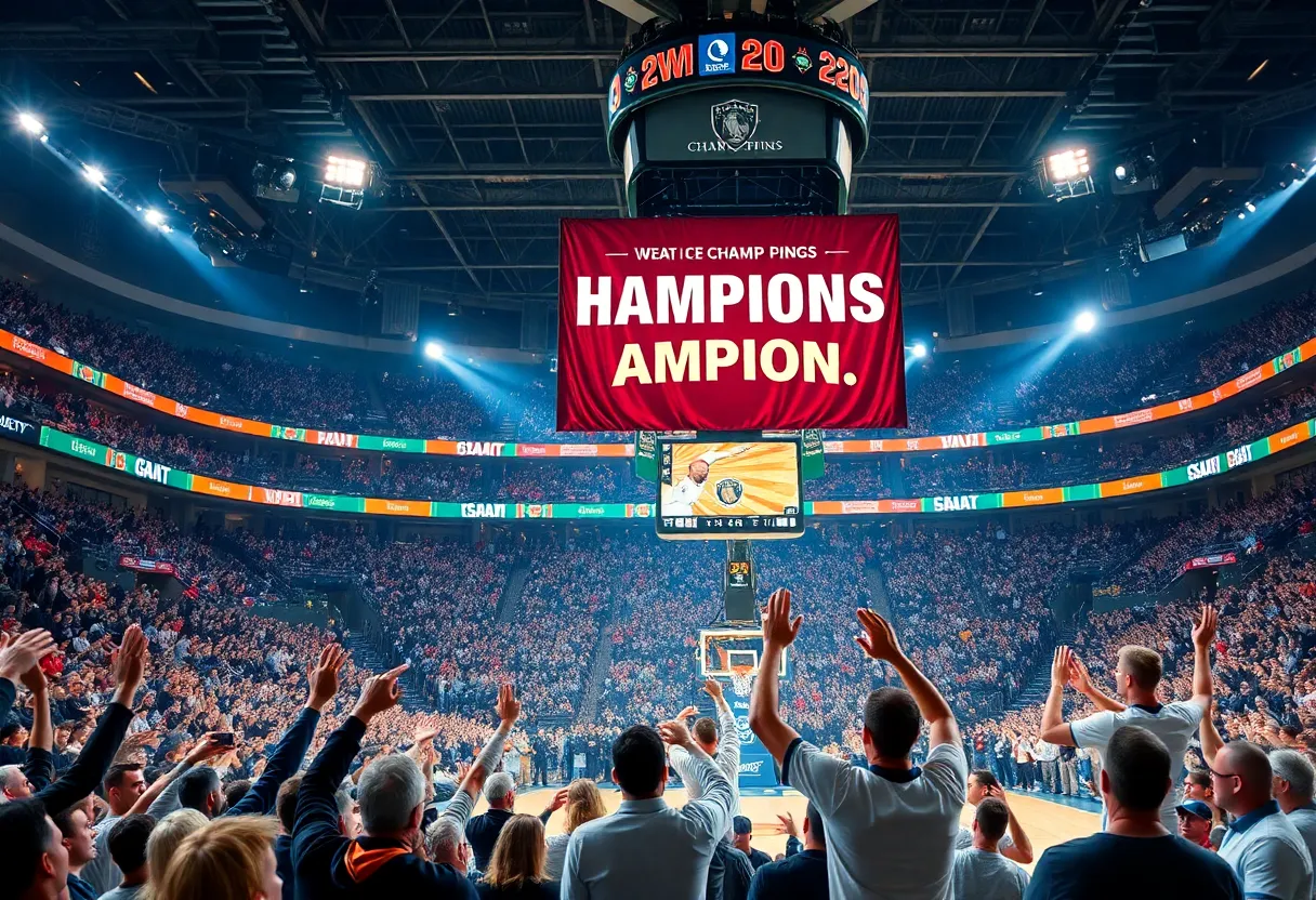 OKC Thunder players celebrating with a championship banner raising.