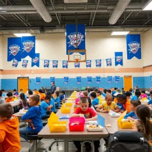 Elementary students enjoying OKC Thunder themed lunches in a decorated cafeteria
