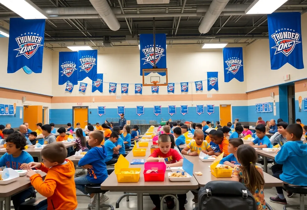 Elementary students enjoying OKC Thunder themed lunches in a decorated cafeteria