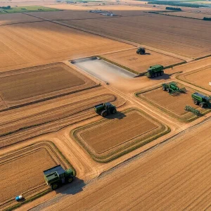 Aerial view of Oklahoma farmland and defense sector facilities representing the impact of federal support.