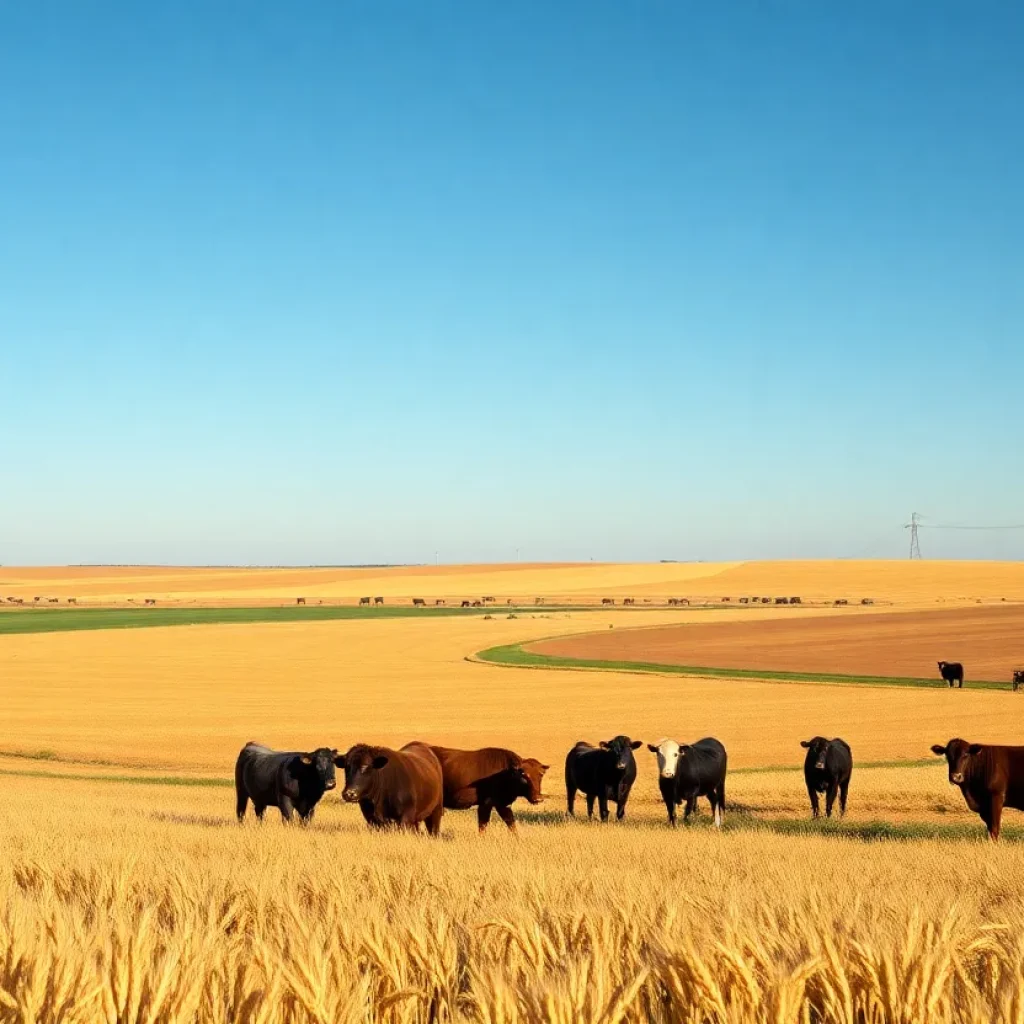Vast Oklahoma farmland with wheat fields and cattle