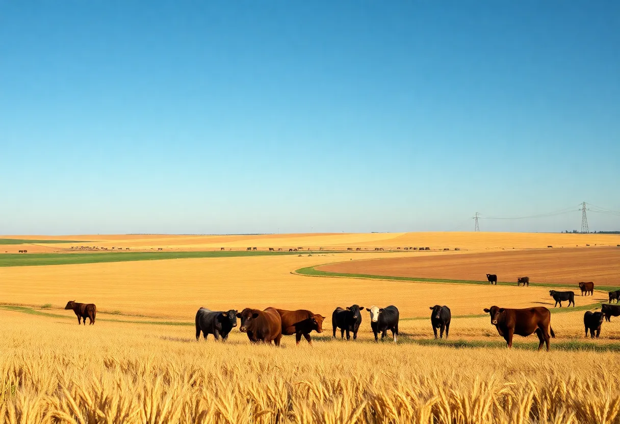 Vast Oklahoma farmland with wheat fields and cattle