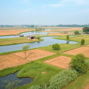 Rural chicken farms in Oklahoma with adjacent waterways highlighting the environmental concerns.