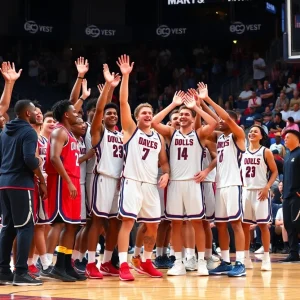 Oklahoma Christian University basketball team celebrating a win