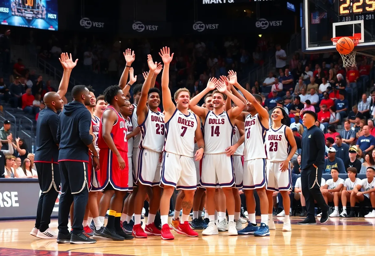 Oklahoma Christian University basketball team celebrating a win