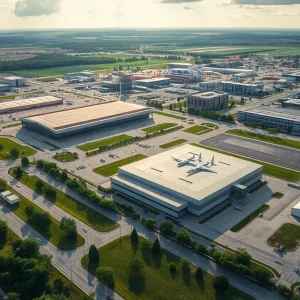 Aerial view of Oklahoma City showcasing aerospace manufacturing facilities and green spaces.