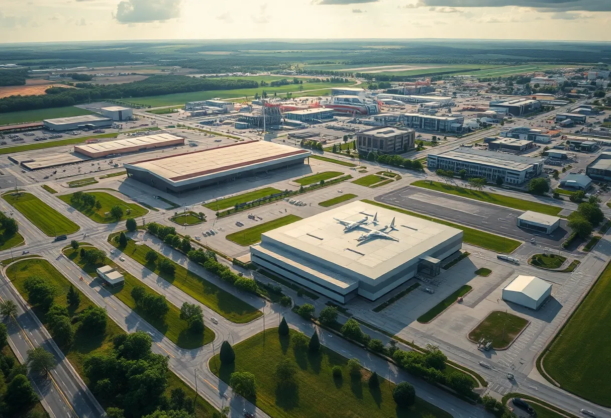 Aerial view of Oklahoma City showcasing aerospace manufacturing facilities and green spaces.