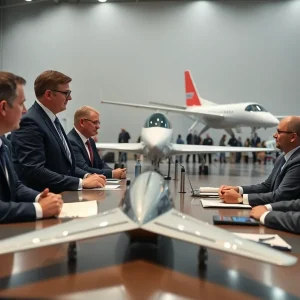 Officials at the Oklahoma City aerospace meeting discussing industry initiatives.