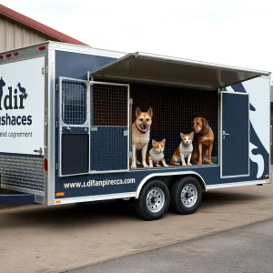 Transport trailer of an Oklahoma City animal rescue organization parked outside.