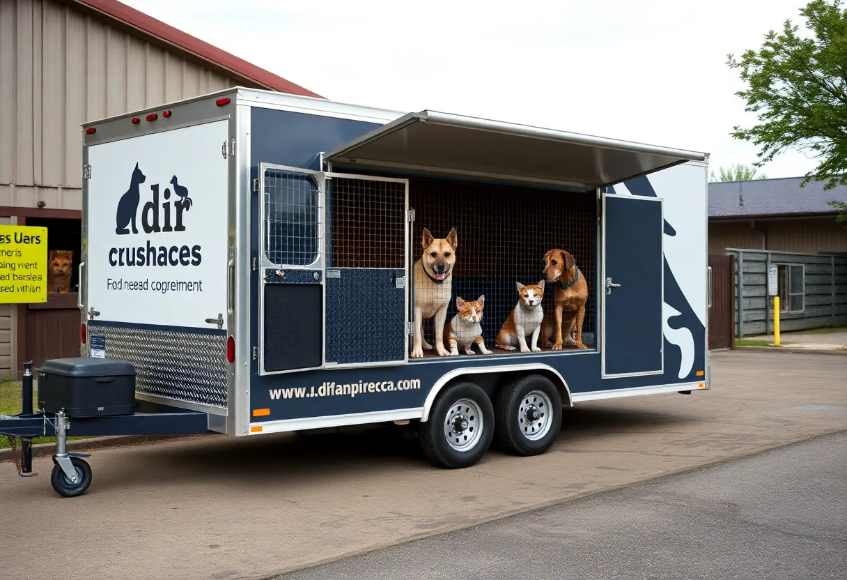 Transport trailer of an Oklahoma City animal rescue organization parked outside.