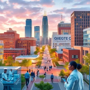 Oklahoma City cityscape featuring biotechnology research labs and innovation centers.