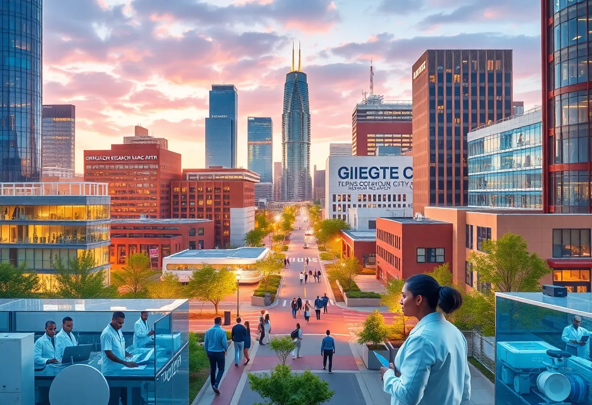 Oklahoma City cityscape featuring biotechnology research labs and innovation centers.
