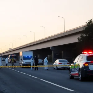 Forensic team investigating a crime scene near Interstate 44 in Oklahoma City