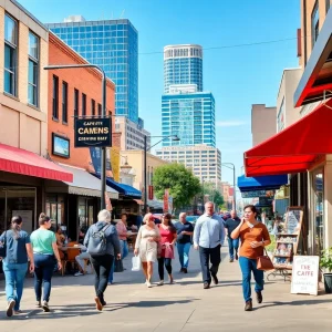 A bustling street in Oklahoma City with shops and pedestrians