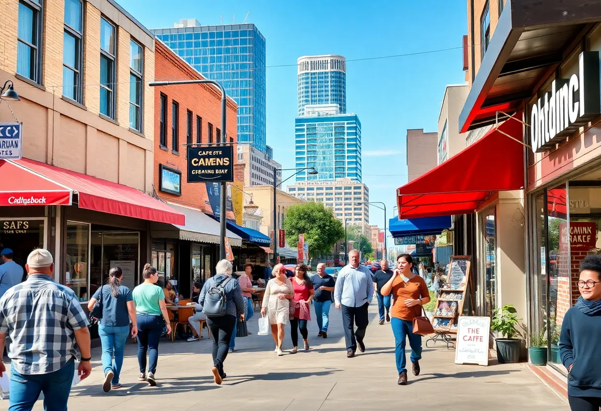 A bustling street in Oklahoma City with shops and pedestrians