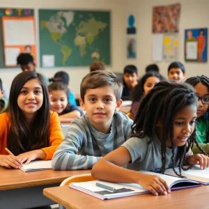 Diverse students in an Oklahoma City classroom actively participating in a lesson.