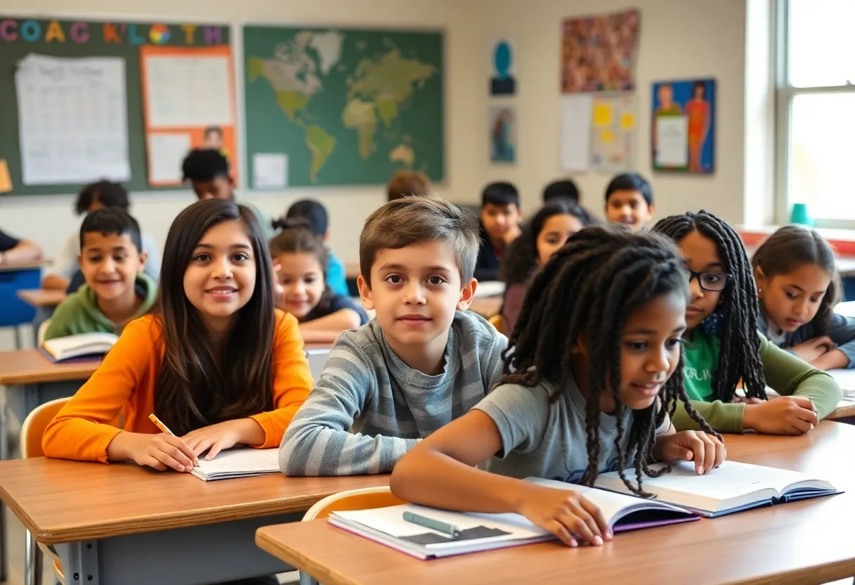 Diverse students in an Oklahoma City classroom actively participating in a lesson.