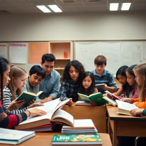 Students in a classroom engaging in a discussion about educational curriculum