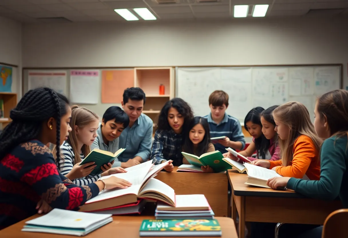 Students in a classroom engaging in a discussion about educational curriculum