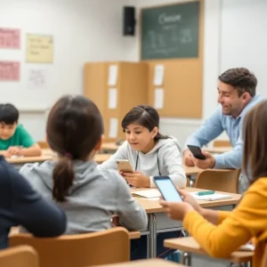 Students in an Oklahoma City classroom focused on learning without cellphones.