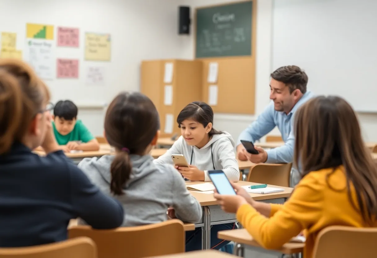 Students in an Oklahoma City classroom focused on learning without cellphones.