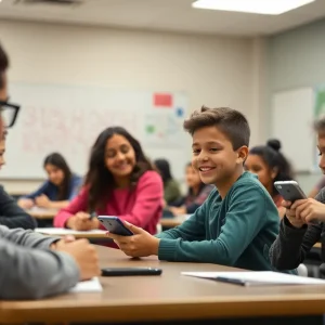 Students actively participating in class without mobile phones