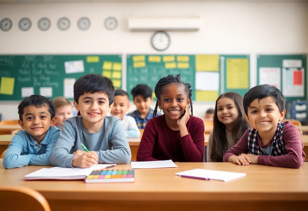 Classroom with students of varying abilities engaged in learning activities