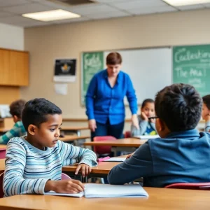 Students and teacher in an Oklahoma City classroom working together.