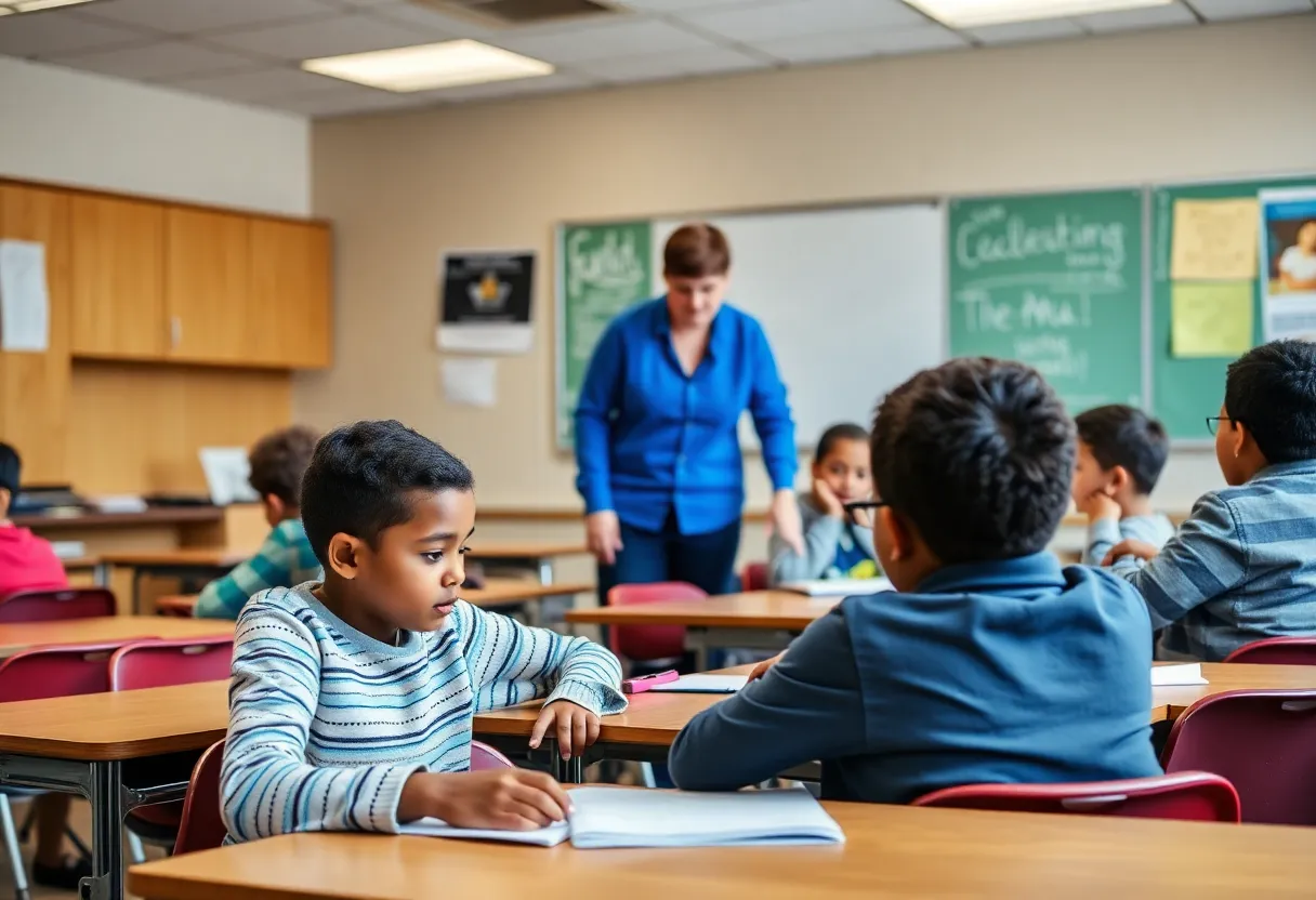 Students and teacher in an Oklahoma City classroom working together.
