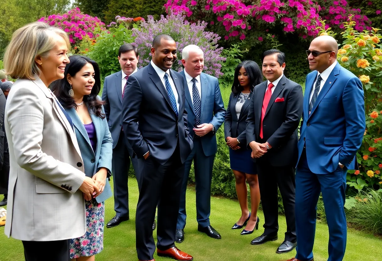 Individuals selecting professional attire at a community suit giveaway event.