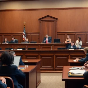 Courtroom scene representing a legal case related to education policies.
