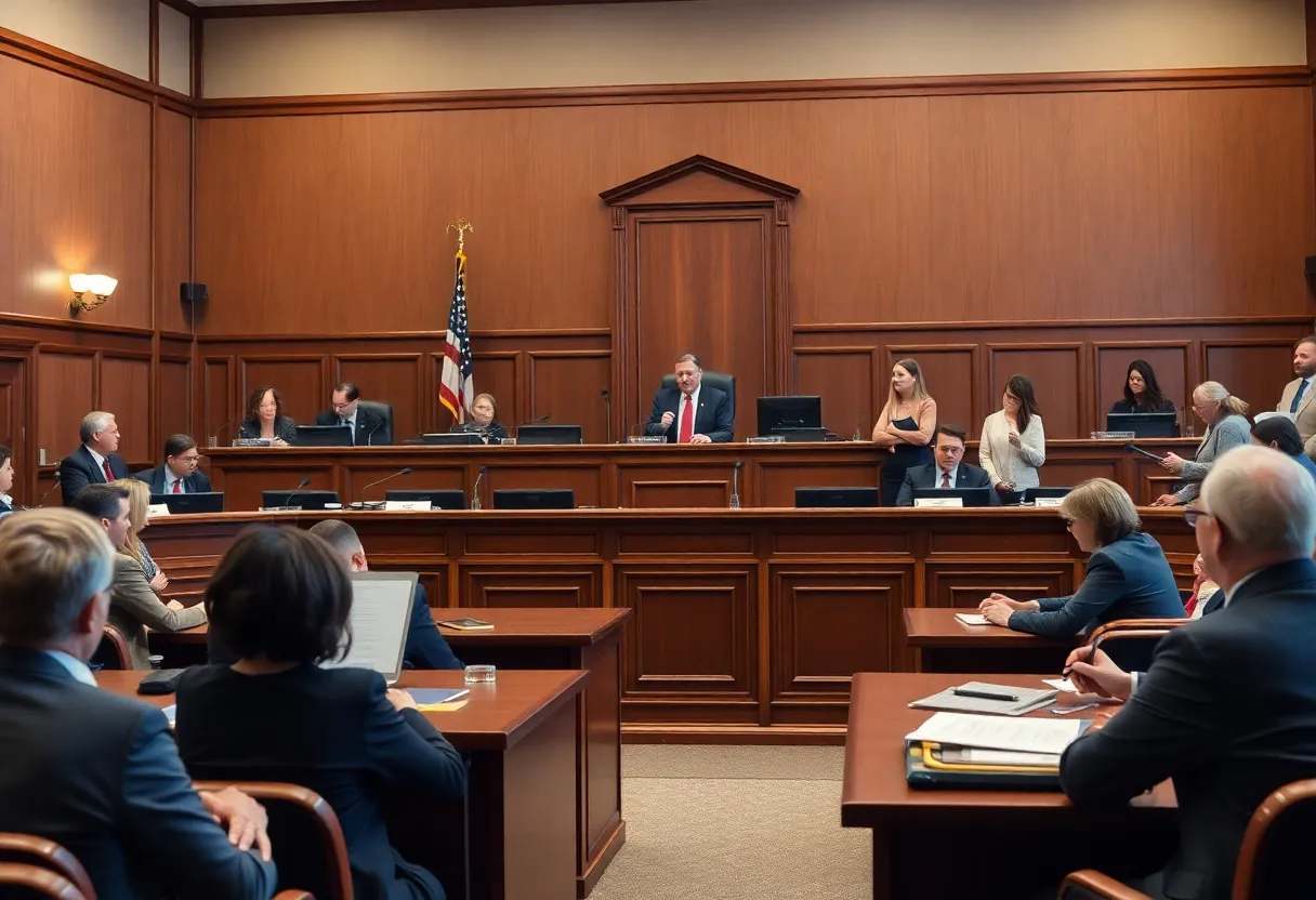 Courtroom scene representing a legal case related to education policies.