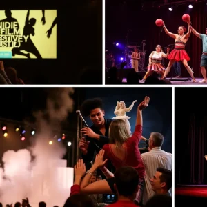 A collage depicting various cultural events in Oklahoma City including indie films, circus performances, and opera.